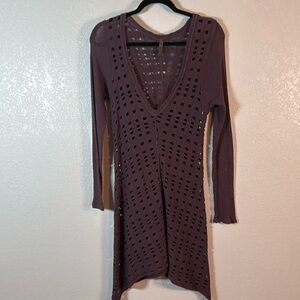 XCVI Purple Open Knit Tunic Mini Dress Deep V Neck Size Small